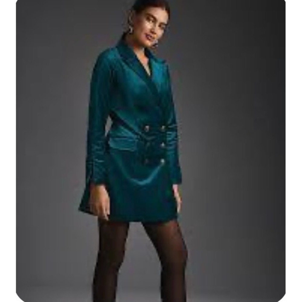 Maeve Anthropologie Velvet Blazer Dress Women 12 Teal Double Breasted Holiday